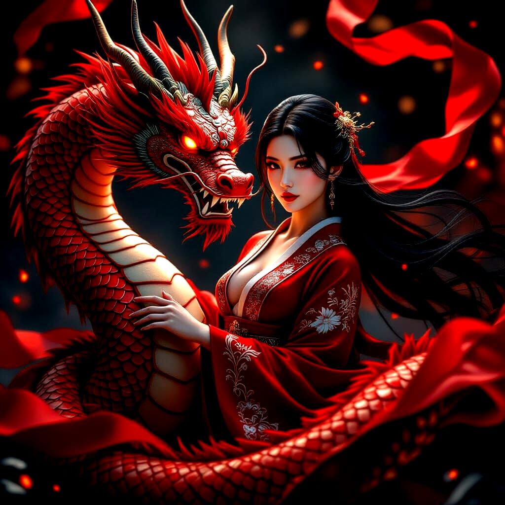 Majestic Asian Dragon Guards Woman in Red Robe