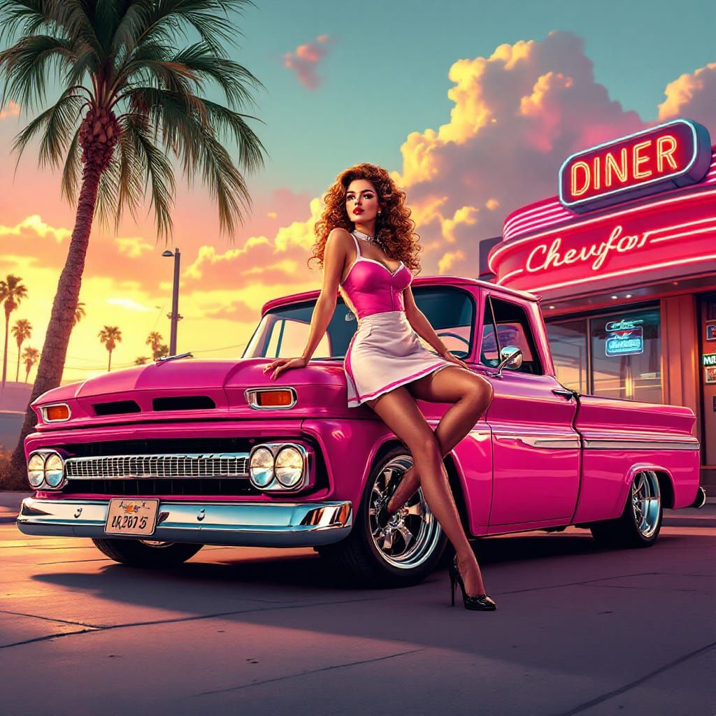 Retro Pin-Up Girl Poses with Classic Chevy Truck