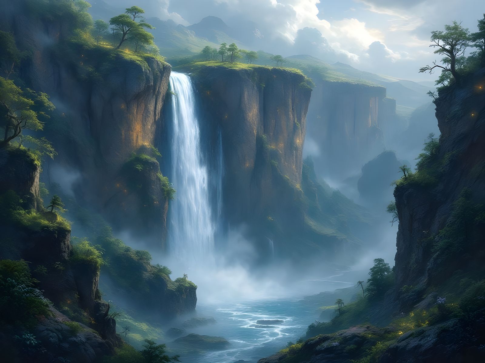 Majestic Waterfall Cascades in Fantastical Landscape