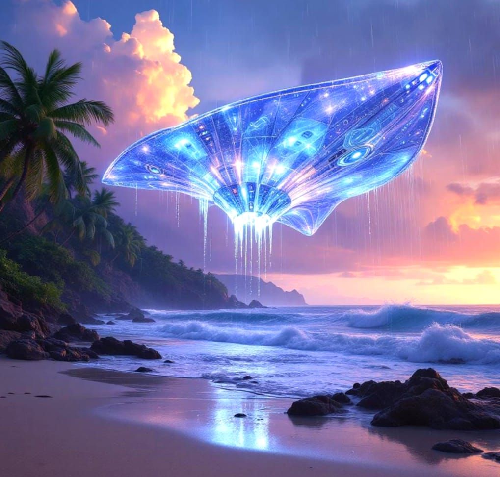 Ethereal Spaceship Over Tropical Island Bay