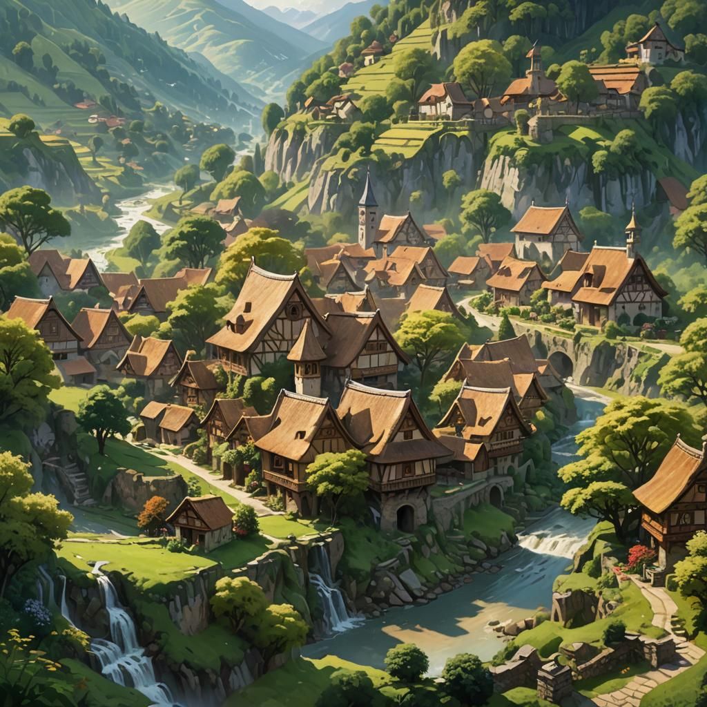 Idyllic Valley Village in Impressionist Style
