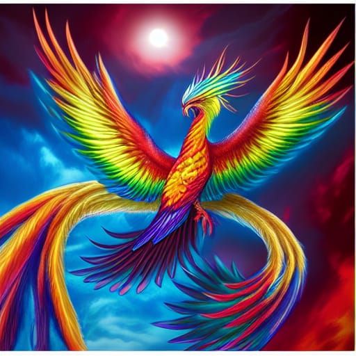 Rainbow Phoenix in Flight: Mythical Bird Art