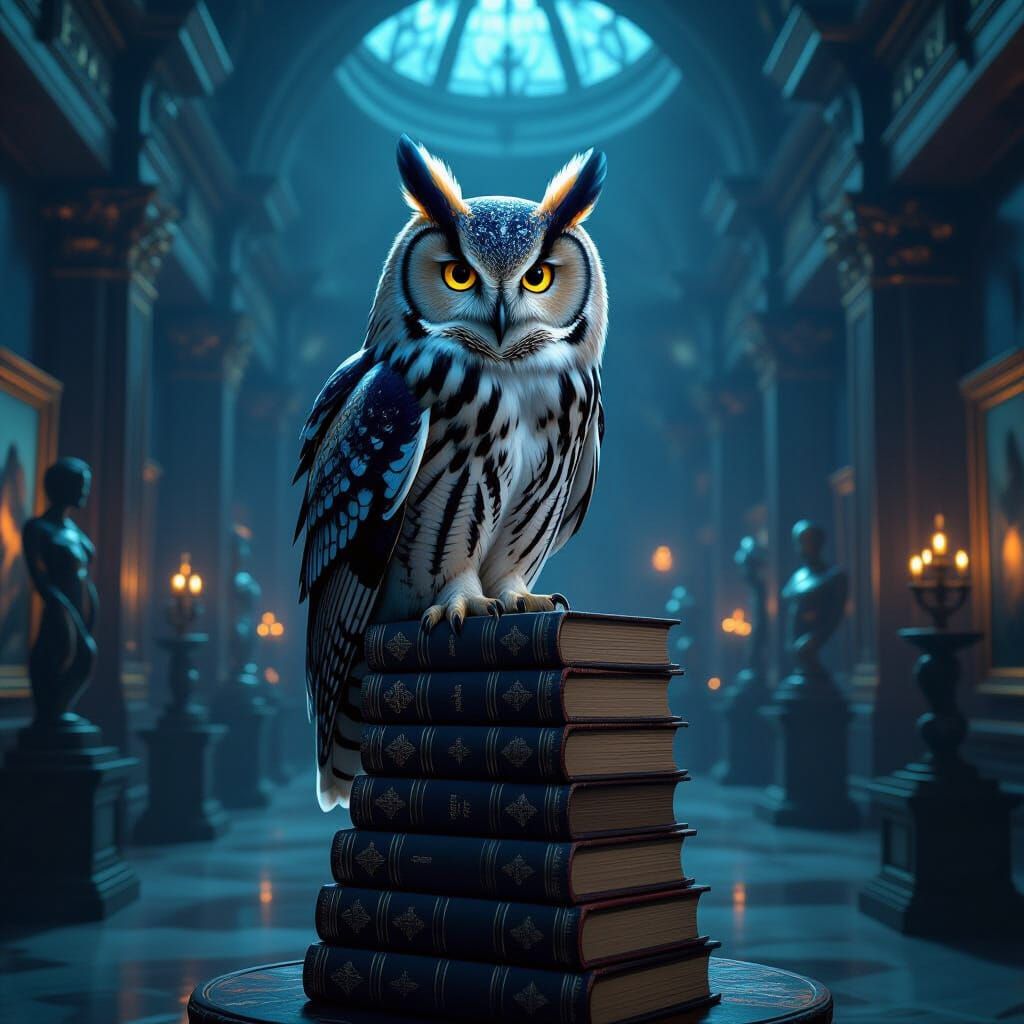 Majestic Owl on Glowing Books in Dim Art Gallery