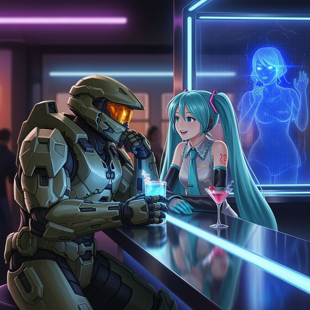Master Chief and Hatsune Miku at a Futuristic Bar