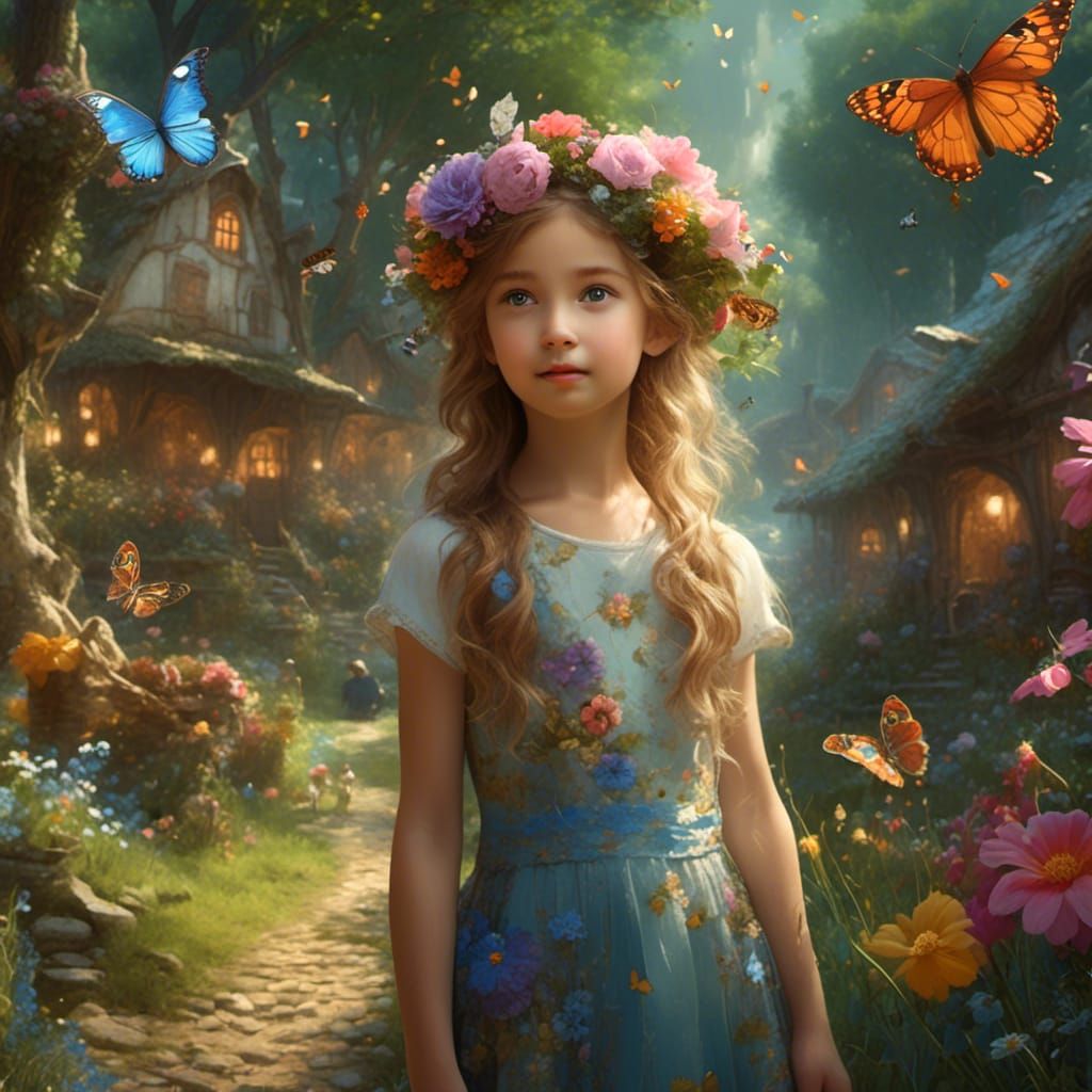 Girl Walks in Enchanted Village with Animals