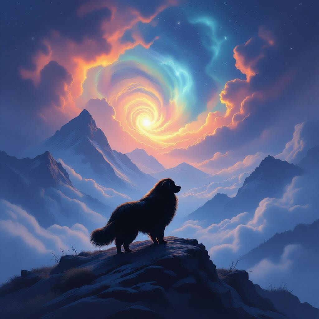 Newfoundland Dog Silhouetted Against Cosmic Nebula