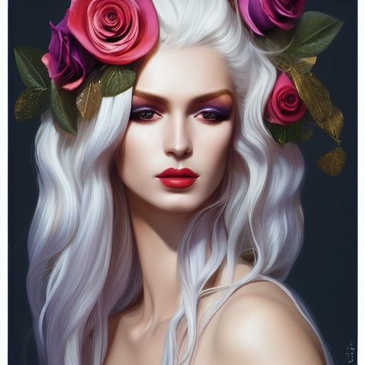 Goddess Portrait with Roses in Maximalist Style