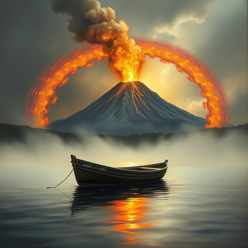 A storm-worn rowboat floats silently on a mist-covered lake.