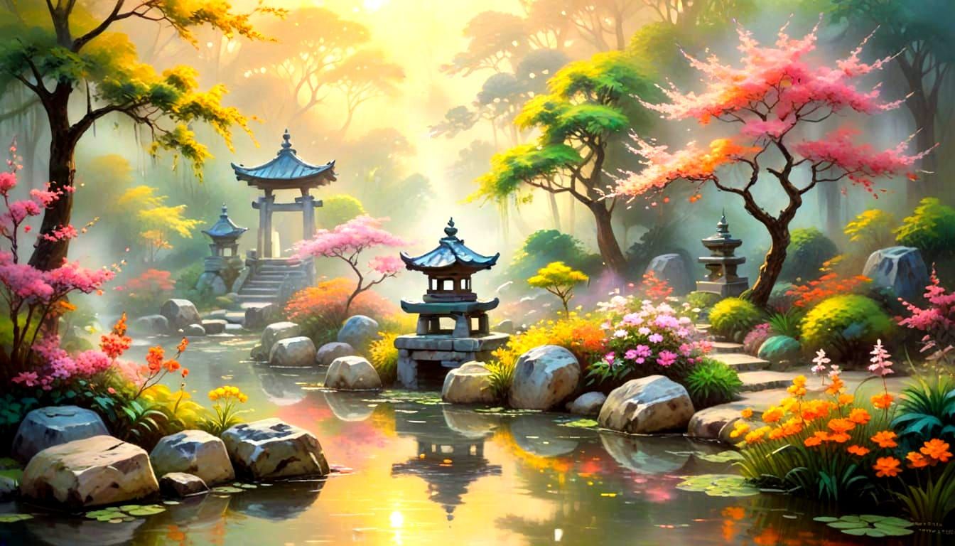 Dreamlike Japanese Garden Scene in Fauvist Expressionism