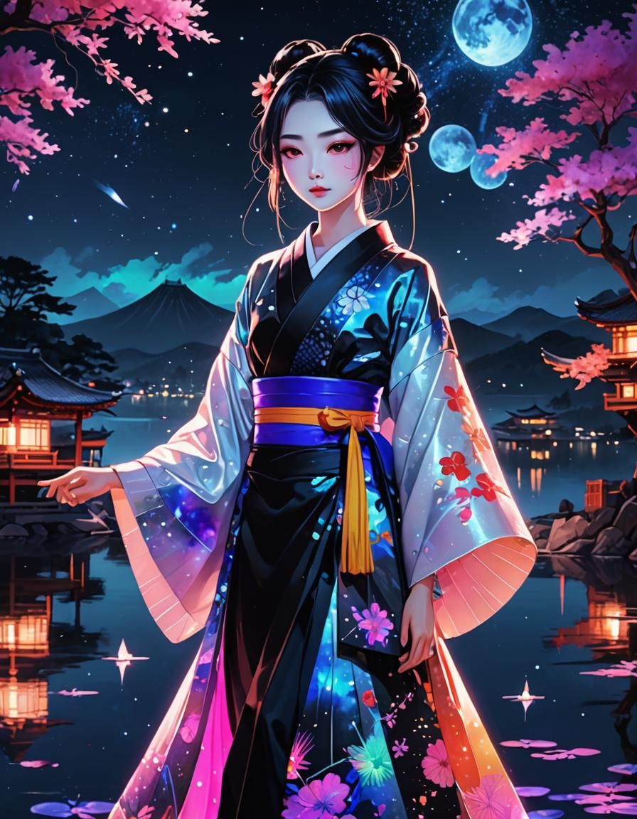 Geisha in Rainbow Watercolour Under Galaxy Night Sky