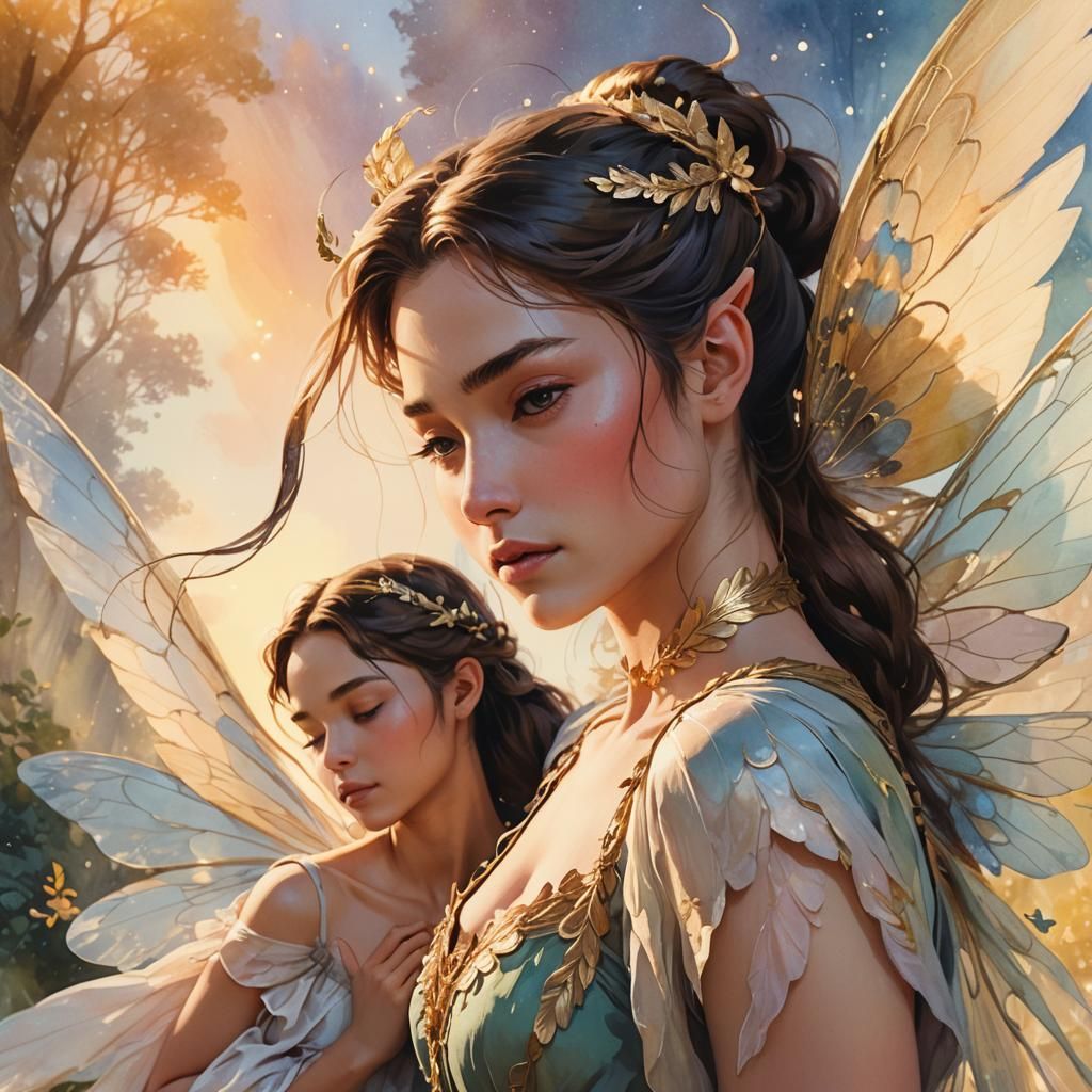 Fairy Gazing at Giant in Dreamy Watercolor Style