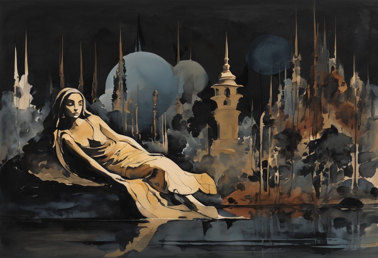 Surrealist Figure Lost in a Dreamlike Landscape with Biomorp...