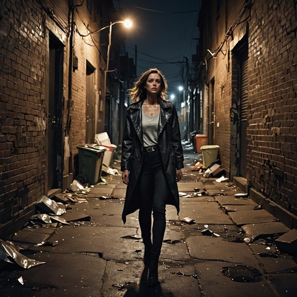 Terrified Woman in Dark Alley: Photorealistic Image