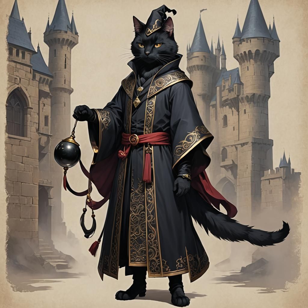 Anthropomorphic Black Cat Mage in Castle