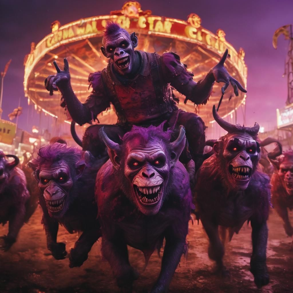 Zombie Monkey Clowns Ride Bulls in Apocalyptic Carnival
