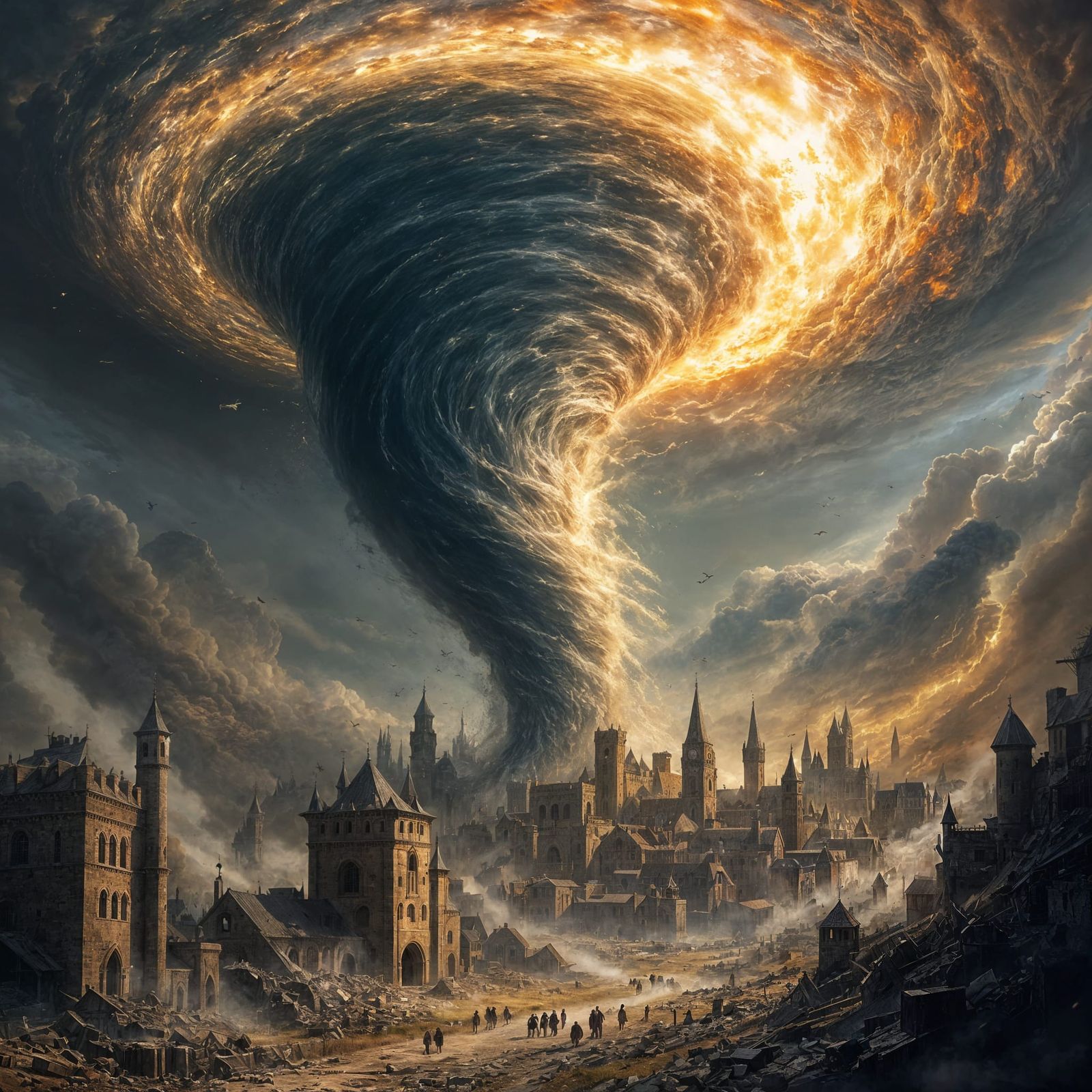 Magical Tornado Destroys Medieval Town: Dark Fantasy Art