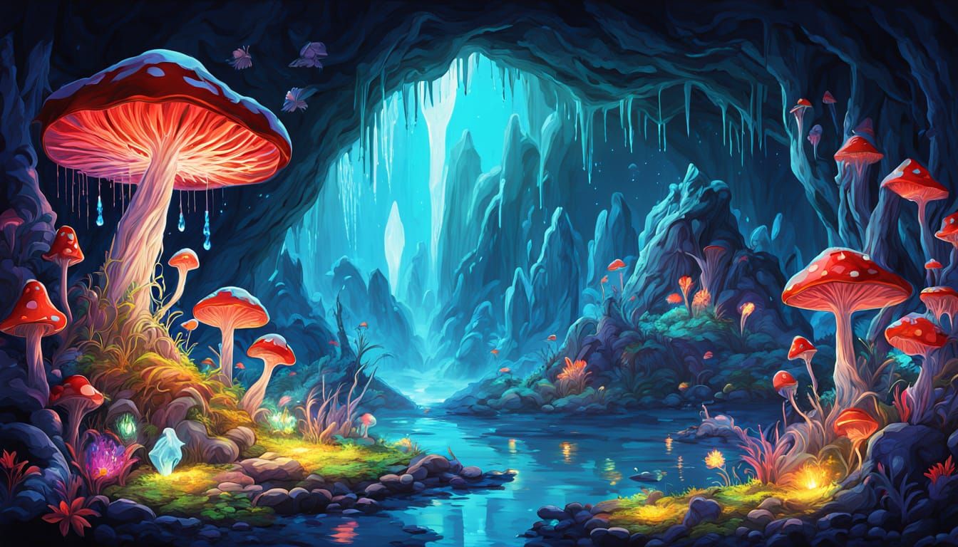 Whimsical Gnome in Bioluminescent Crystal Cave