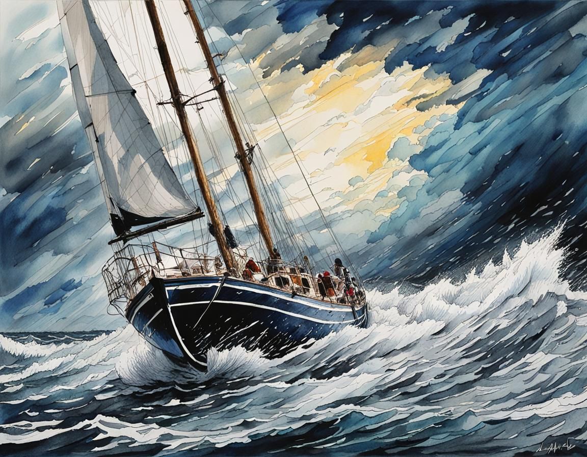 Sailboat Navigates Stormy Seas: Brush Pen and Watercolor