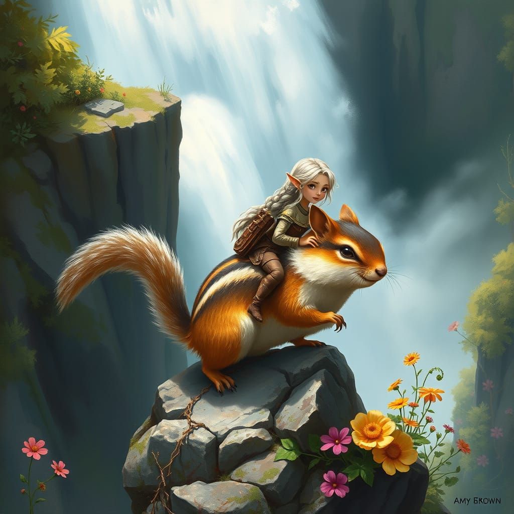 Whimsical Elven Huntress Rides Chipmunk at Waterfall's Edge