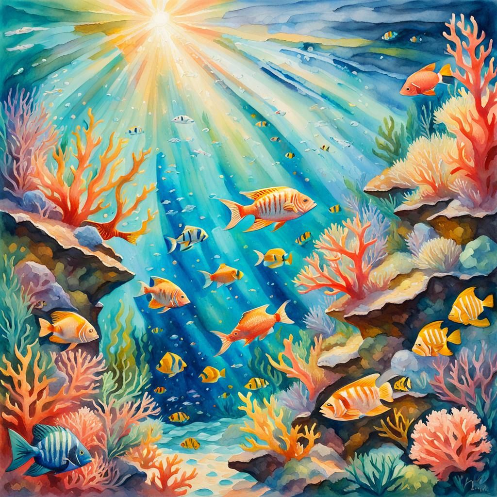Vibrant Coral Reef Gouache Painting in Impressionist Style