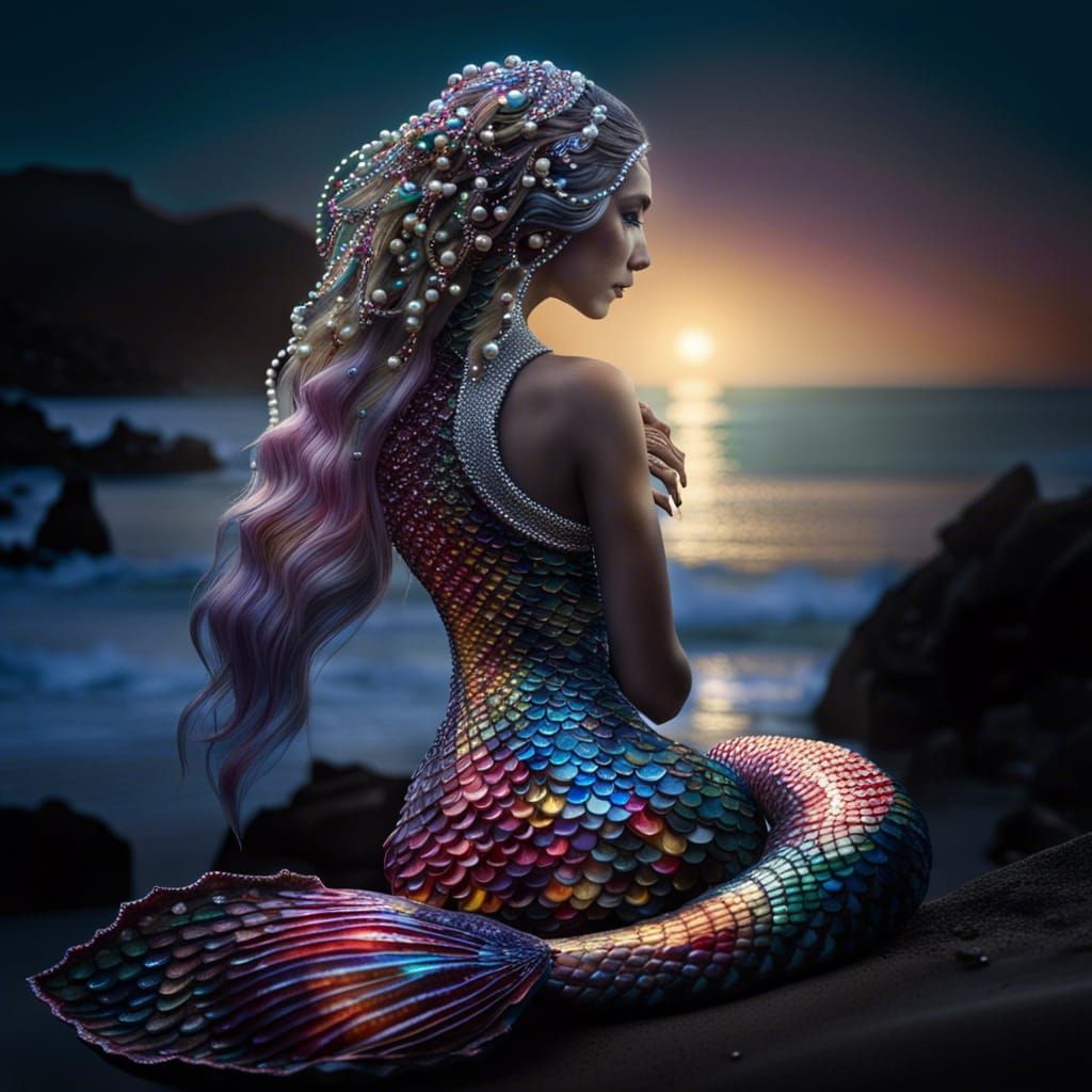 Mermaid with Multicolor Scales on Galician Beach