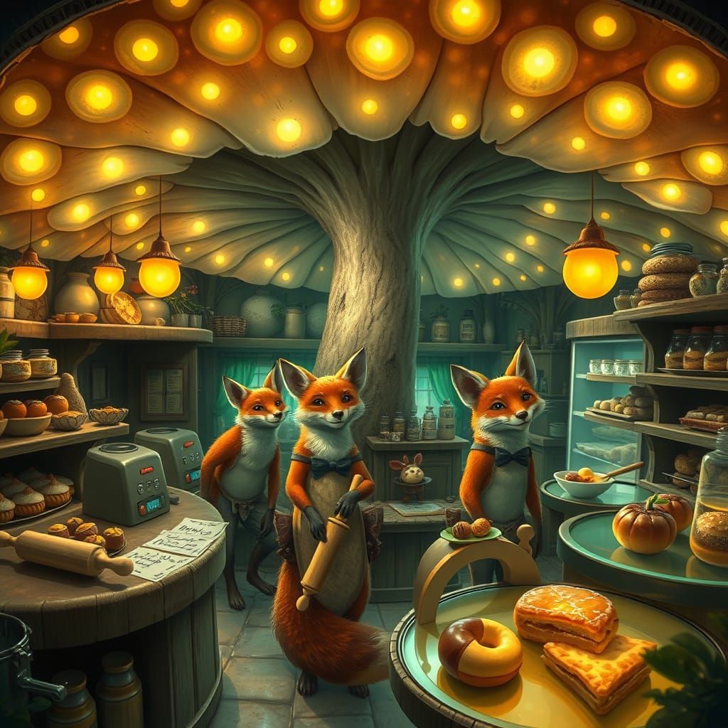 Bioluminescent fantasy. Wide shot. A family of foxes runs a ...