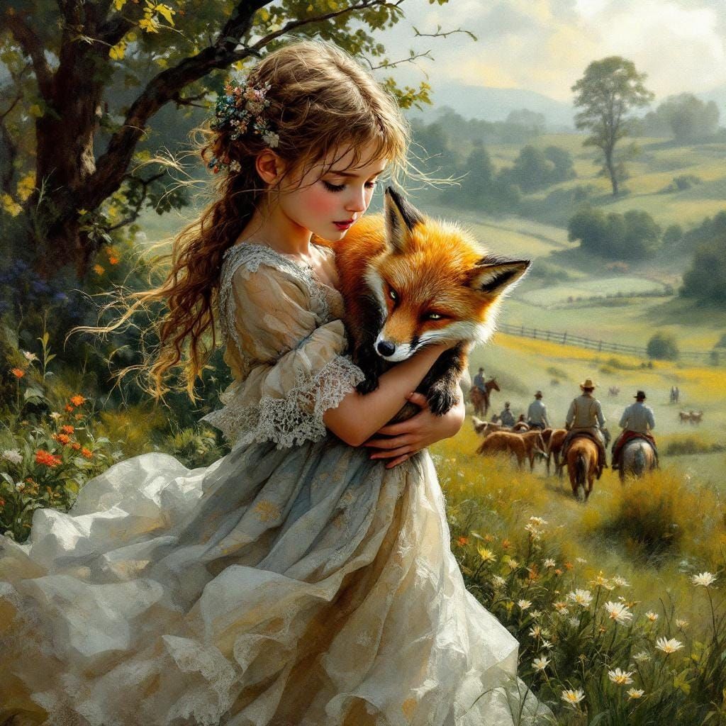 Girl Hiding Fox in English Countryside Painting
