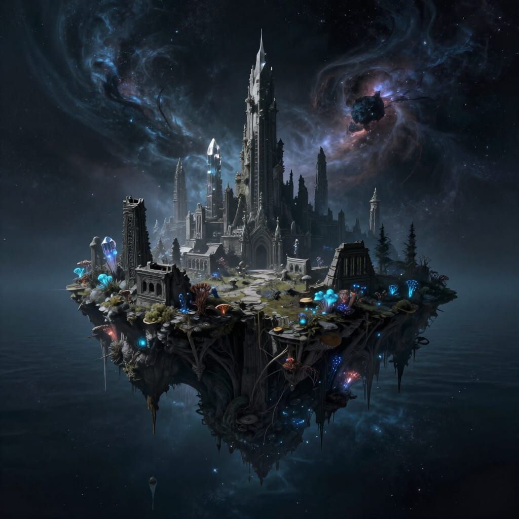 Surreal Island Ruins in Cosmic Ocean
