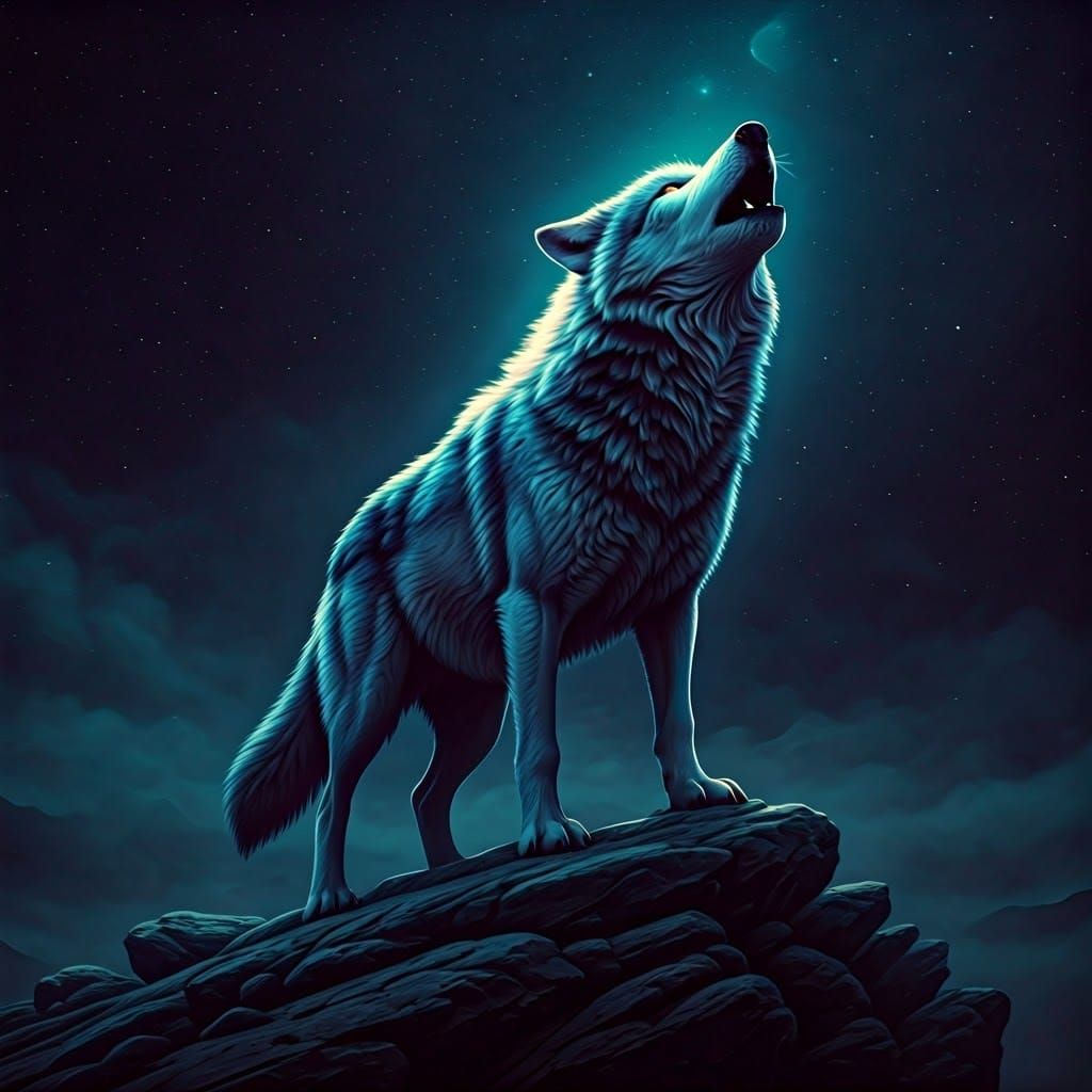 Regal Wolf Silhouetted Against Starry Night Sky in Vibrant, ...