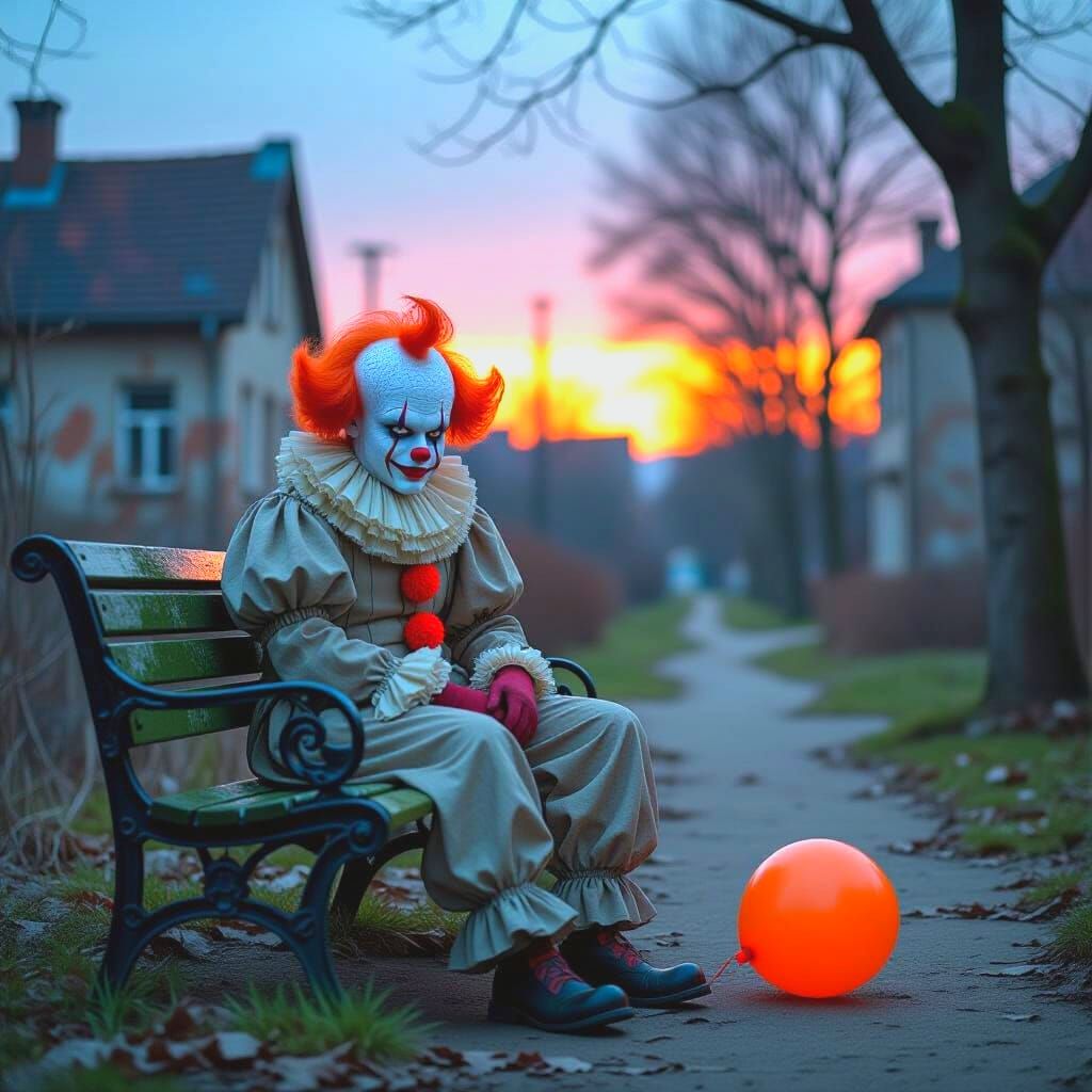 Weathered Clown on Mossy Bench in Urban Decay