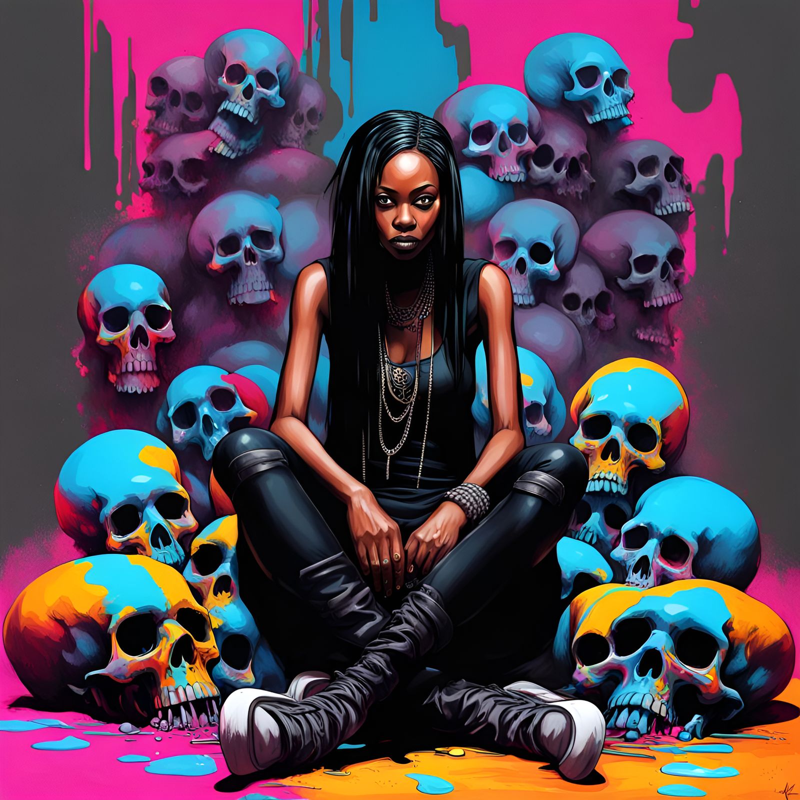 Goth Woman on Skulls in Graffiti Street Art