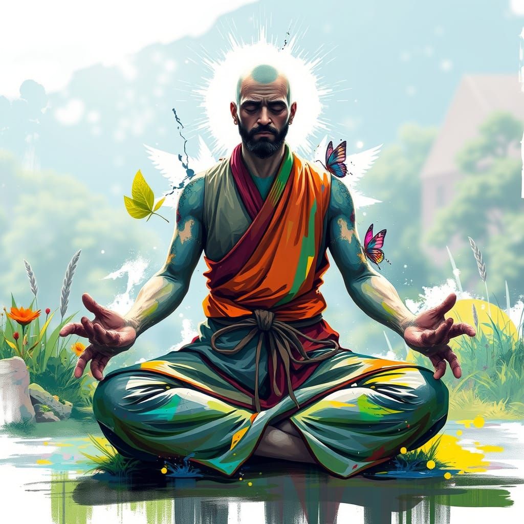 Meditating Superhero Radiating Energy in Graffiti Art Style