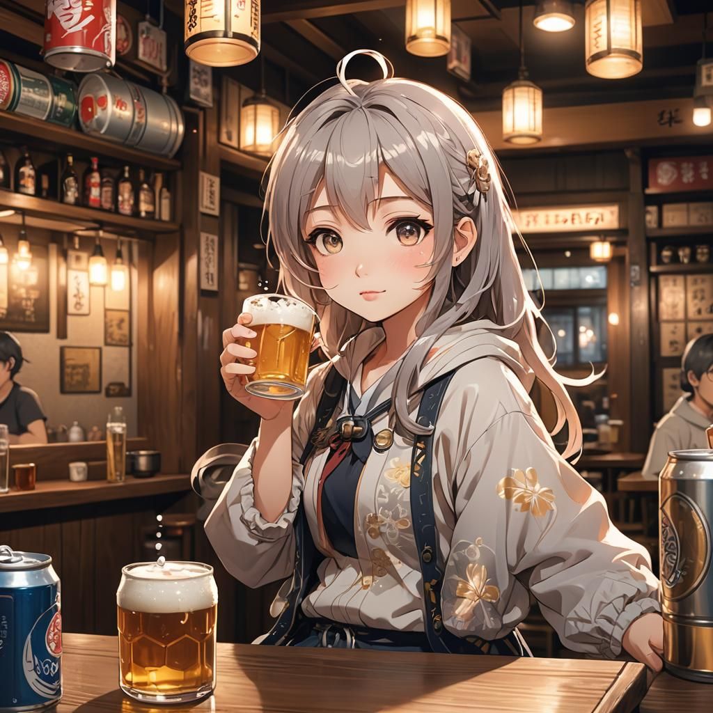 Cute Anime Girl Drinking Beer in Chibi Style