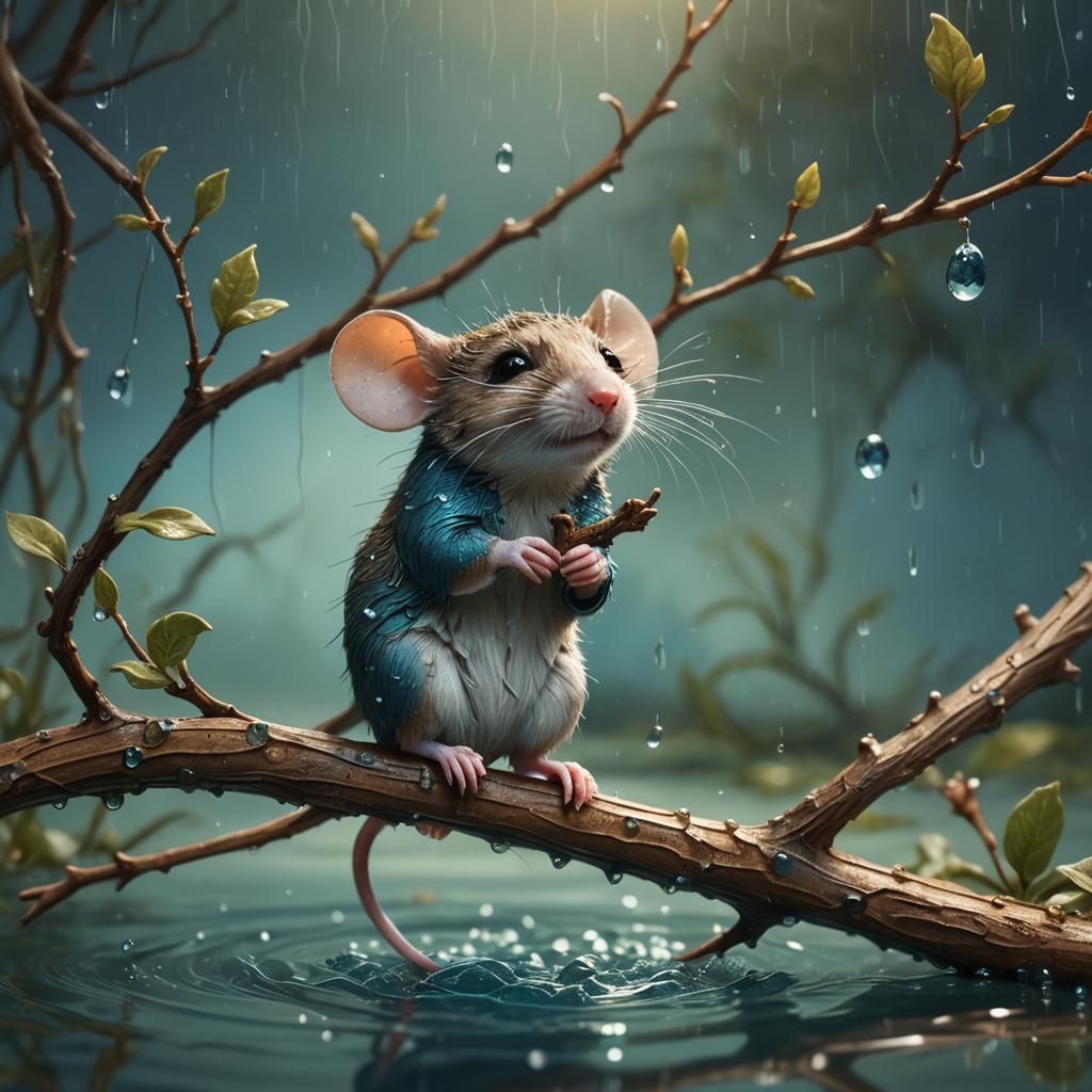 Mouse's Perilous Flood Journey: Detailed Fantasy Art
