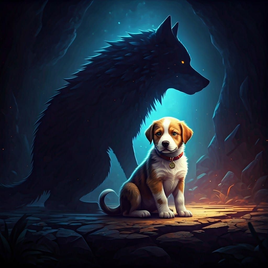 Fanciful Puppy Amidst Wolf's Silhouette in Vibrant Fantasy L...