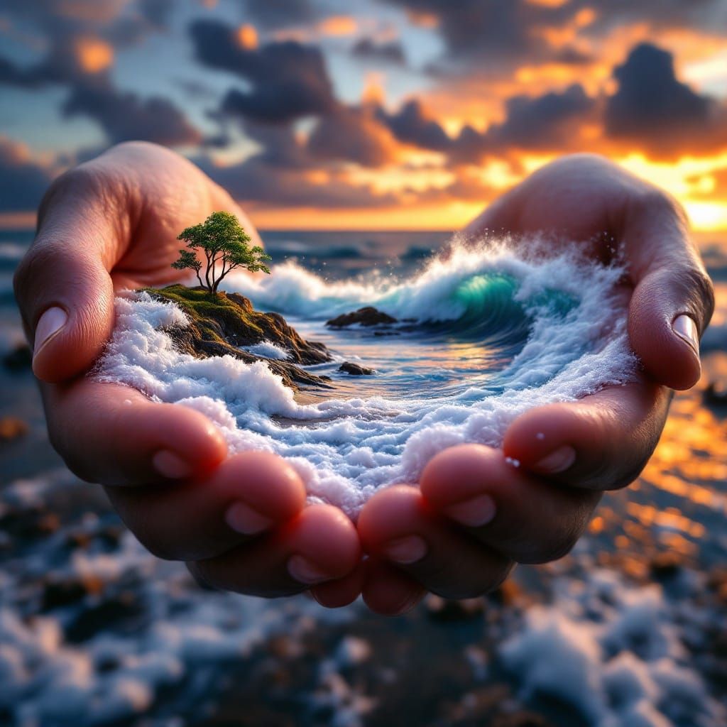 Miniature Hyper-Detailed Ocean Landscape in Cupped Hands