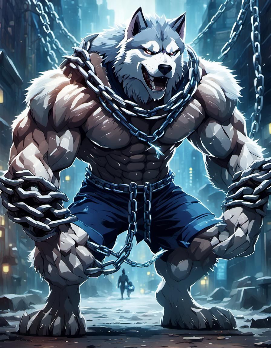 anthropomorphic  husky man with massive muscular muscle ,8k resolution concept art with chains,spikes and huge claws