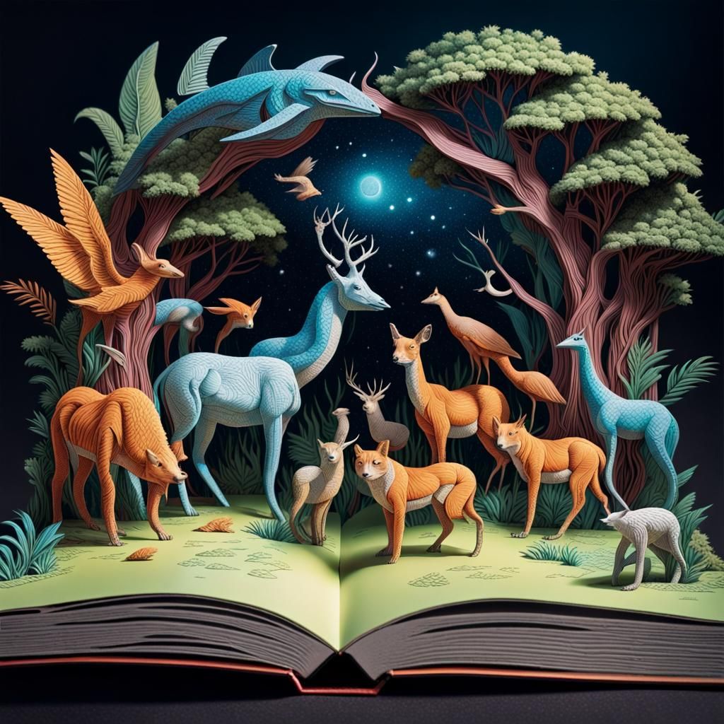 Intricate Pop-Up Book of Animals in Mixed Media