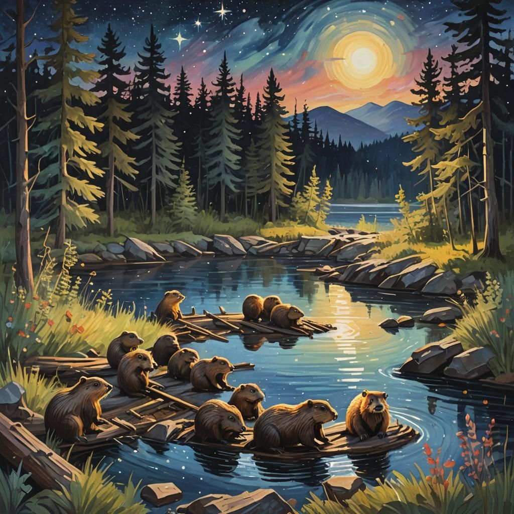 Beavers Building Dam: Impressionist Gouache Painting