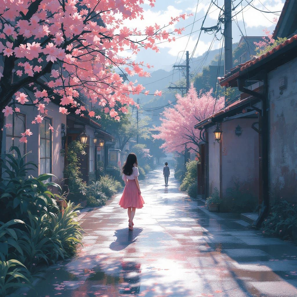 Luminous Romantic Anime Street Scene with Soft Painterly Hig...
