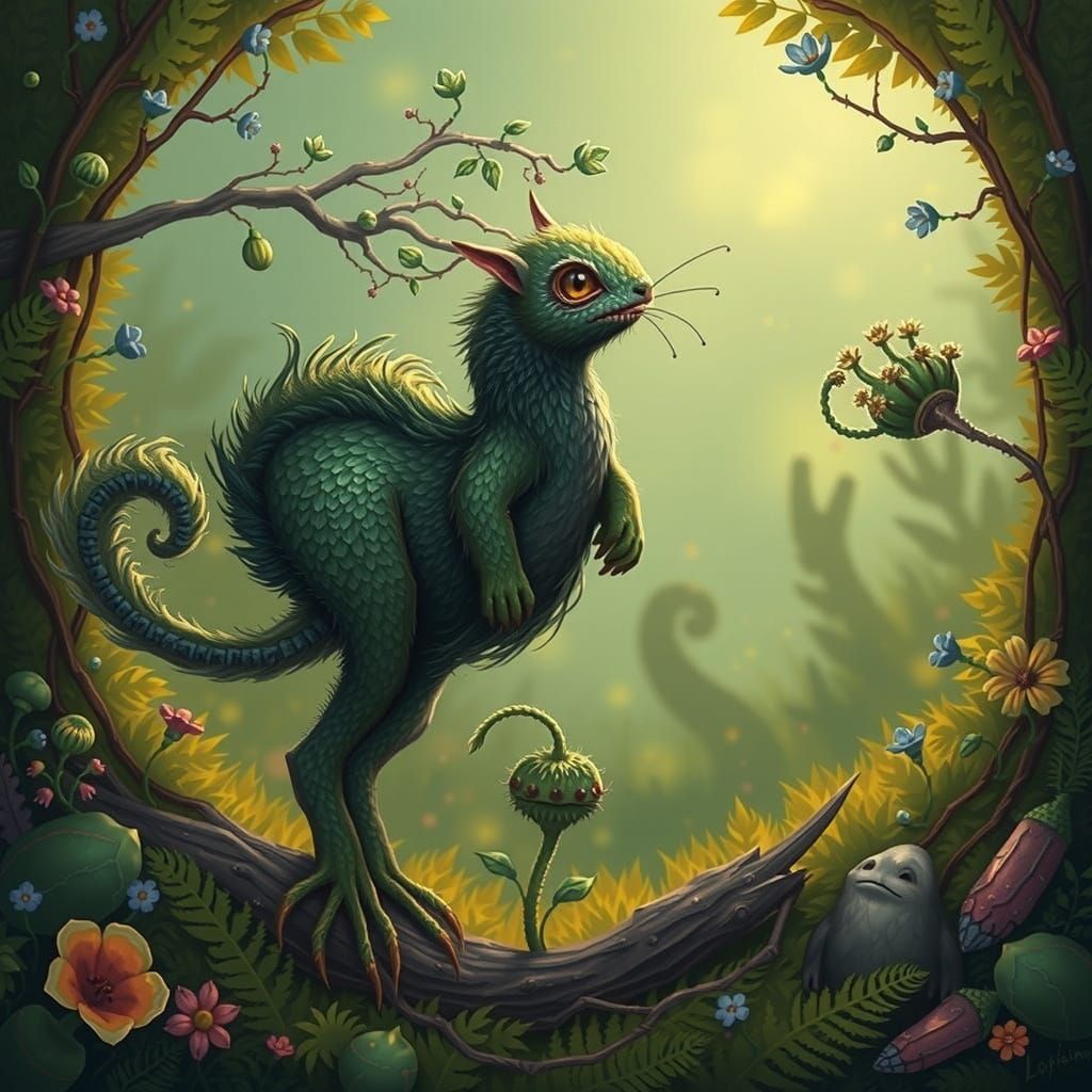 Whimsical Moss Critter on Lush Forest Floor