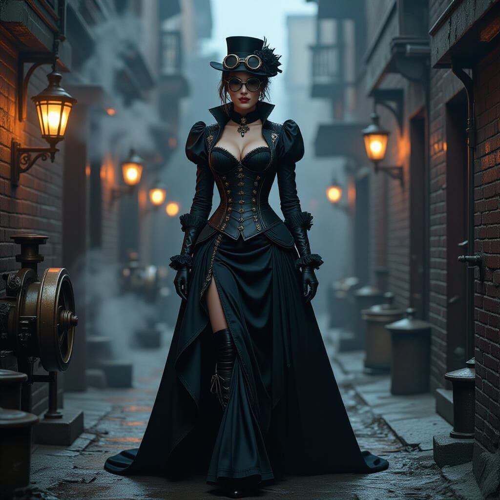 Steampunk Mistress in Industrial Alleyway
