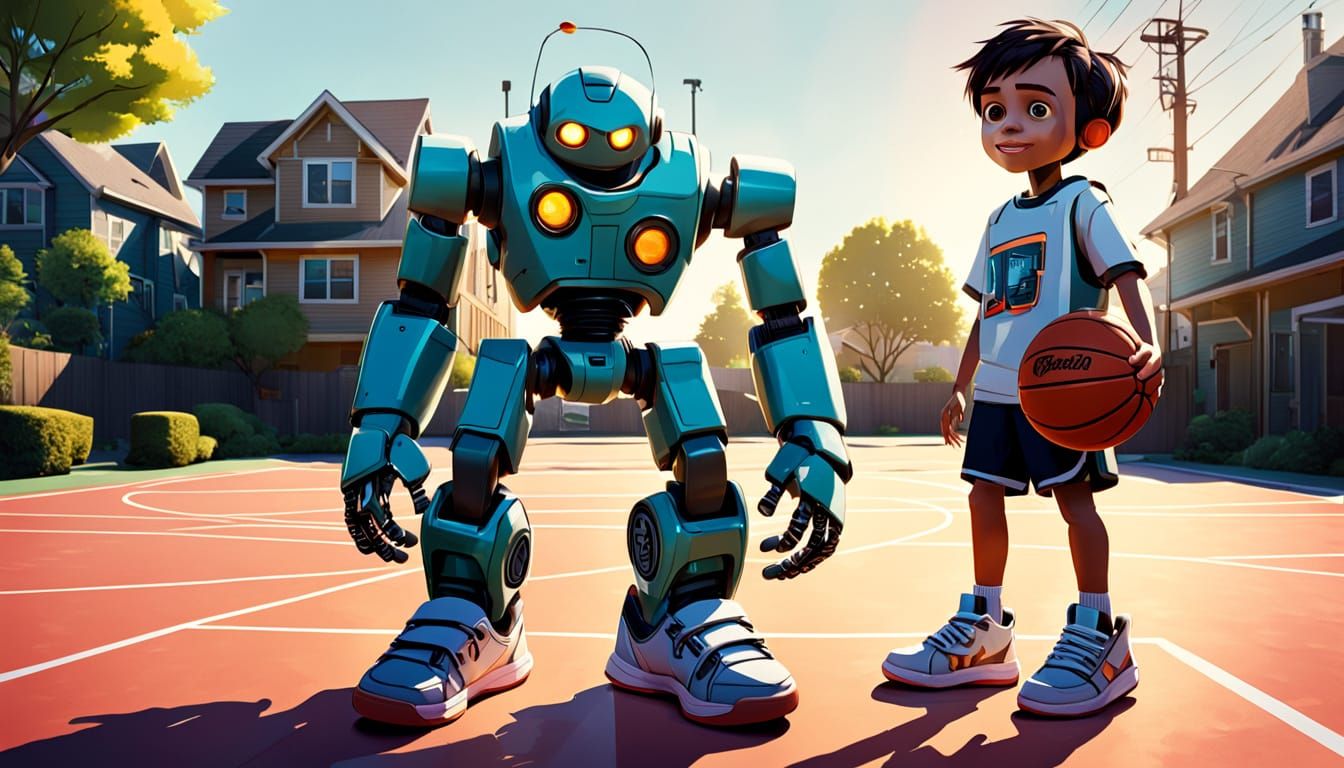 Kid vs. Robot Streetball Game in Pixar Style