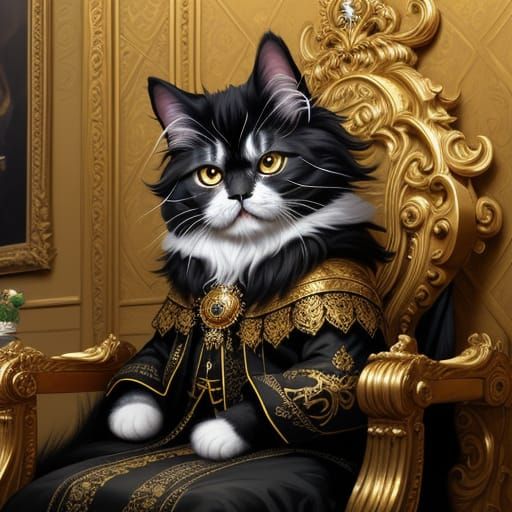 Baroque-Punk Cat Portrait on Throne in Oil