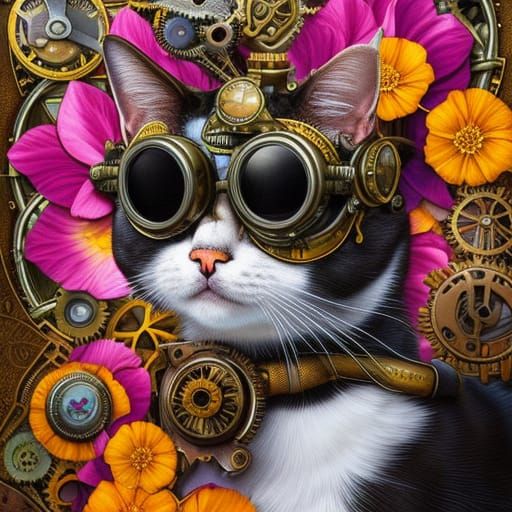 Floral steampunk cat with goggles