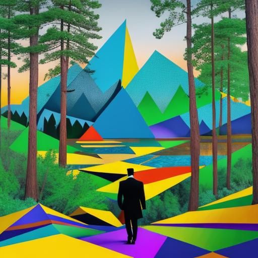 Cubist Man Walking in a Forest at Sunrise