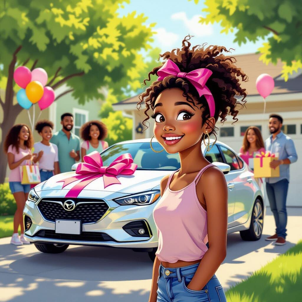 Teen Girl's Joyful Surprise at New Car Gift