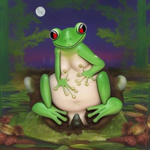 Botanical Frog Woman Dancing Under the Moon