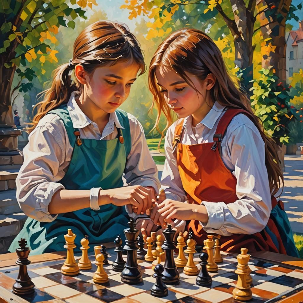 Boy and Girl Play Chess: An Oil Painting