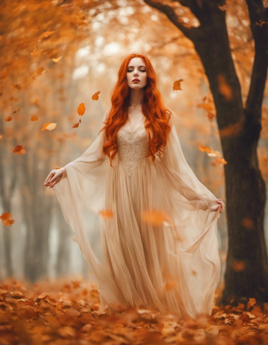 Ethereal Redhead Ghost in Autumn Landscape
